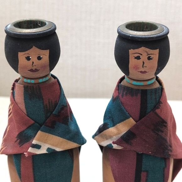 Handcrafted Solid Wood Native American Women Taper Candleholders Set of 2 - Picture 8 of 12